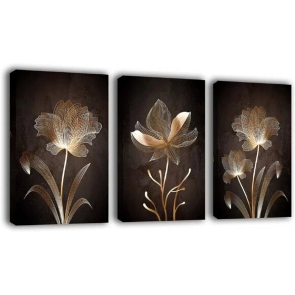 3-Piece Canvas Floral Wall Art Set | 12" x 16" Each | Brown Flower Print - Picture 1 of 5